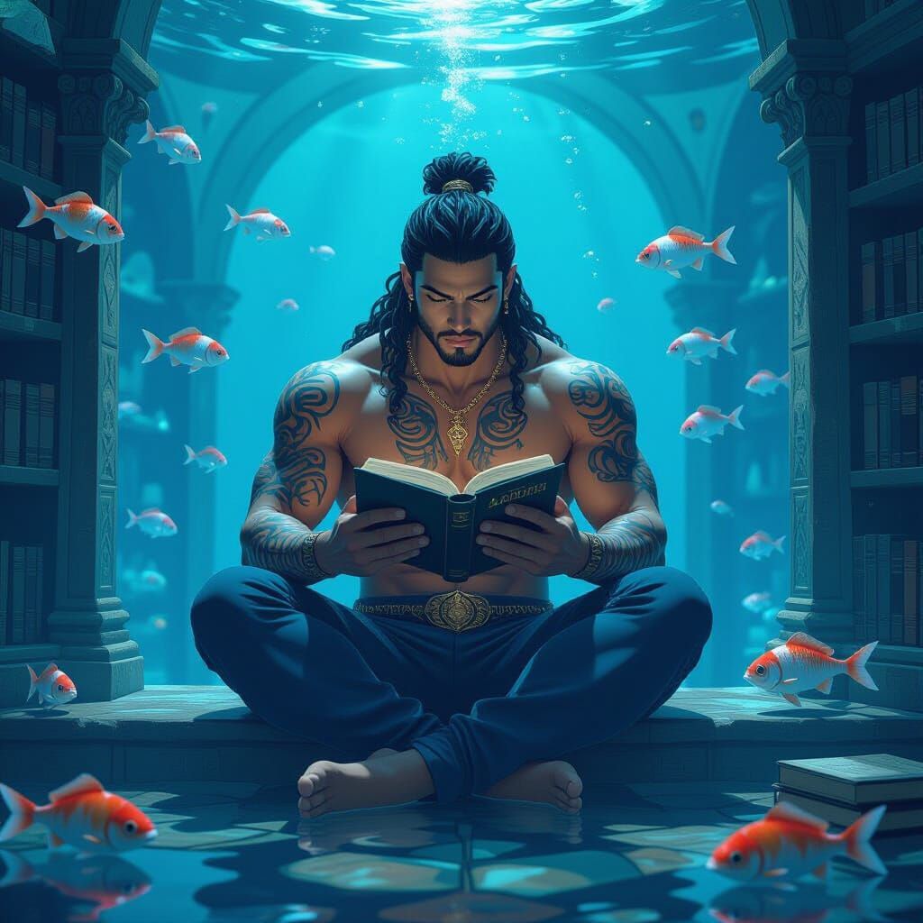 Merman Poseidon Reads in Sunken Library as 3D Anime