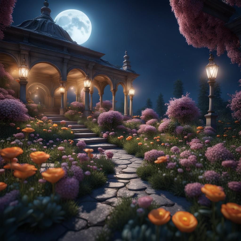 Garden Blooming under Moonlight