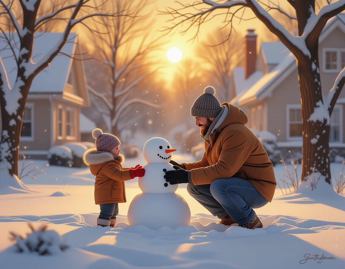 Father and Child Build Snowman in Hyperrealistic Digital Pai...
