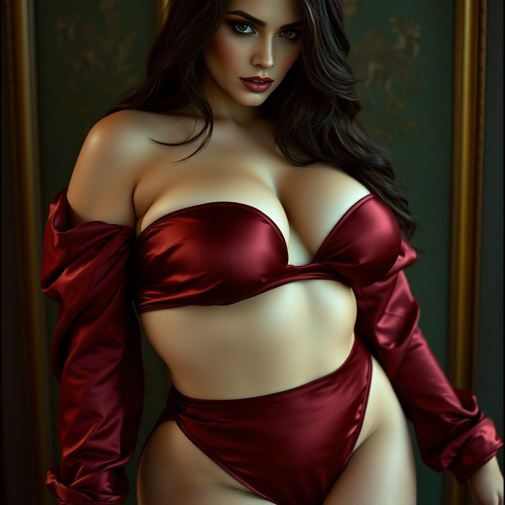 Voluptuous Model in Silk and Satin Ensemble