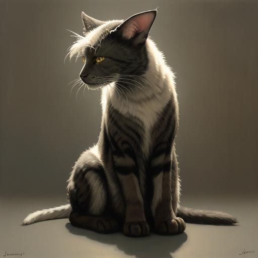 This placid catgirl has wide, brown eyes. She has medium-length, silky, straight, white hair worn in a wild style. Her s...