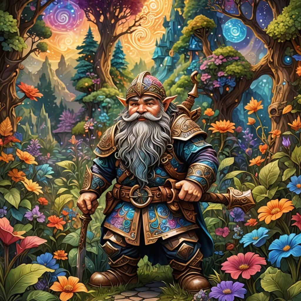Charming Dwarf Warrior in Garden, Matte Painting