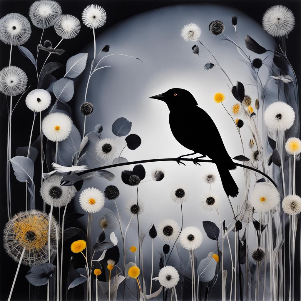 Floral Black Bird in Dandelion Dreamscape