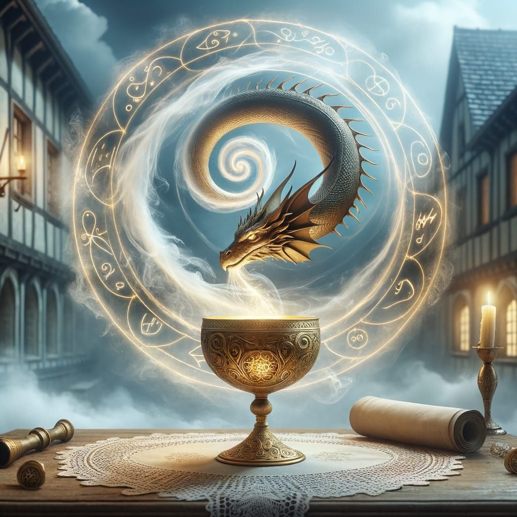 Mystical Mist Dragon Encircling Golden Rune Goblet