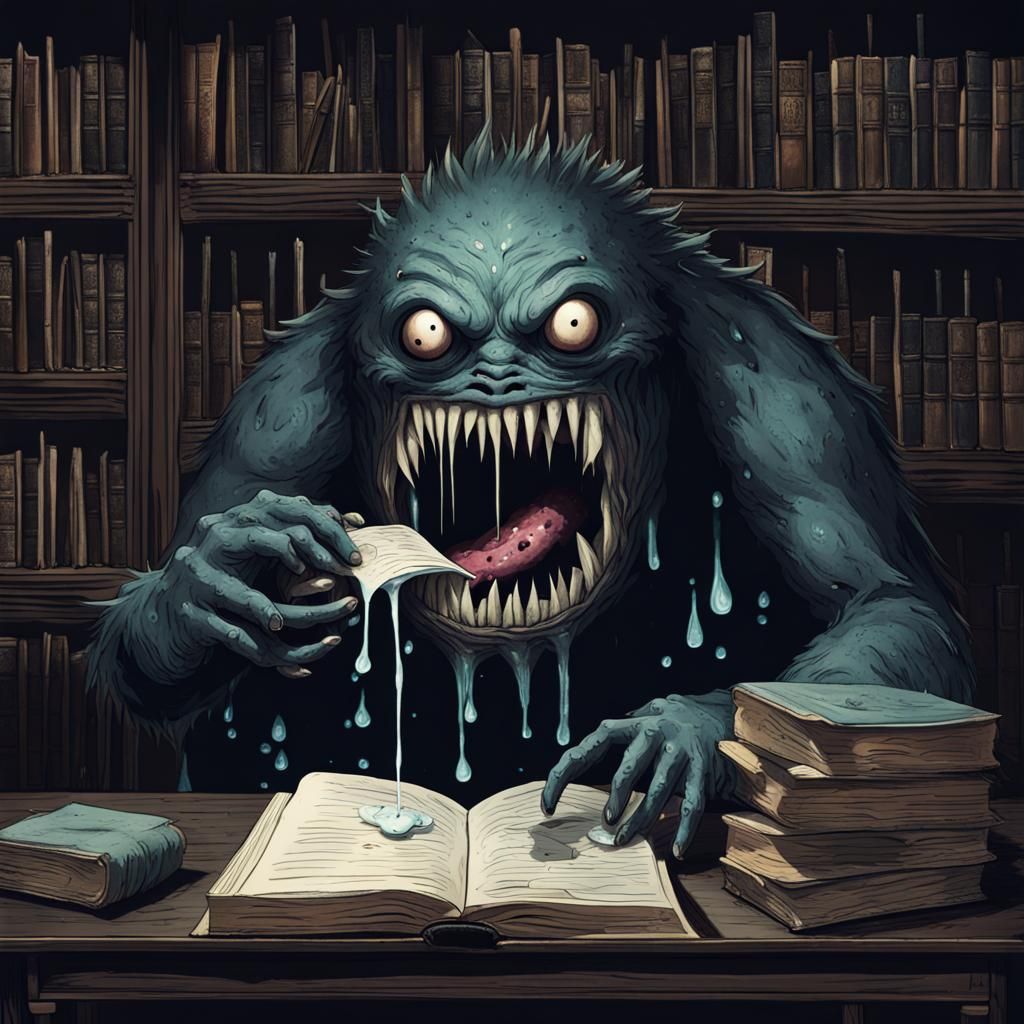 Dark Watery Library Monster Eats Books