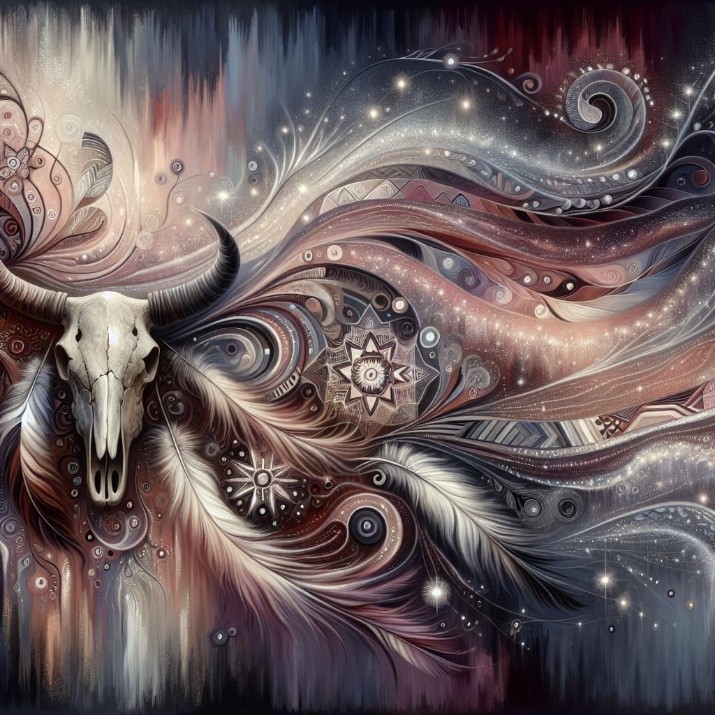 Ethereal Native American Oil Painting with Bull Skull