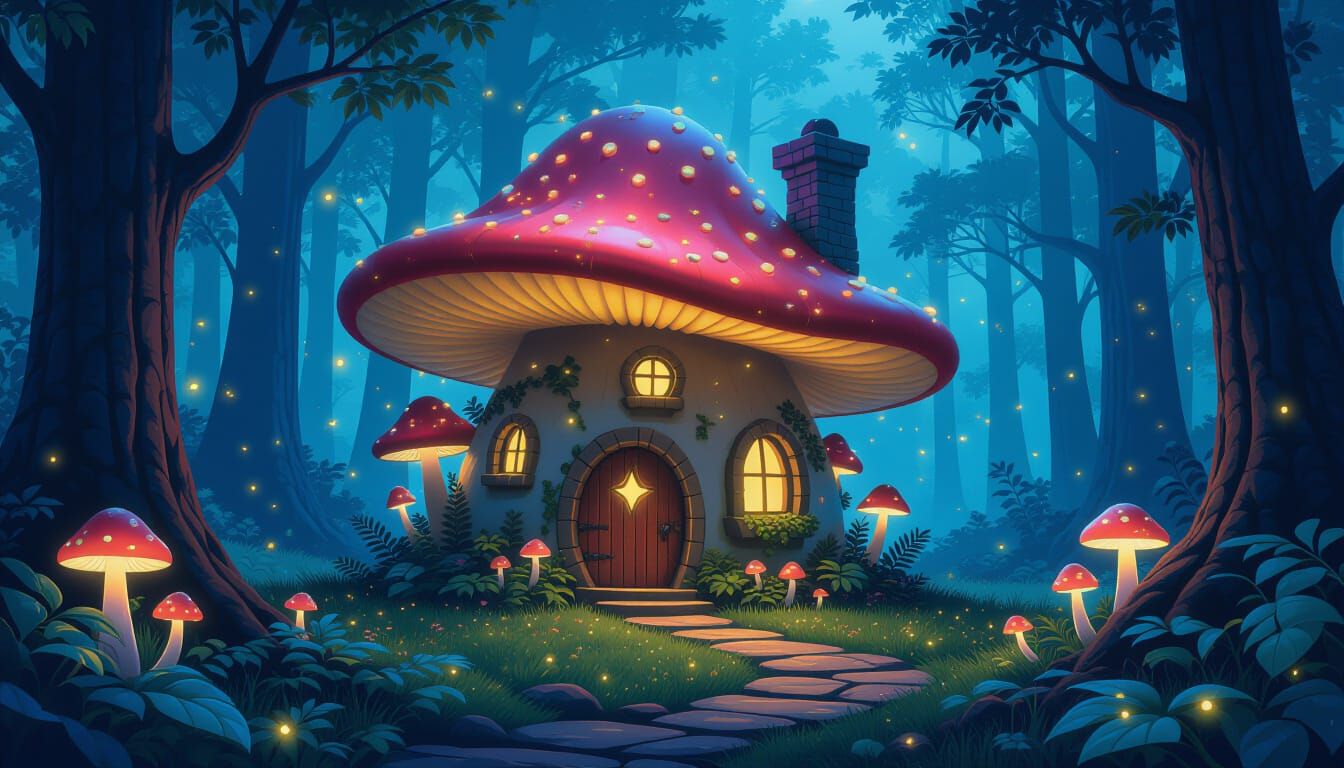 Enchanted Mushroom House in Bioluminescent Forest