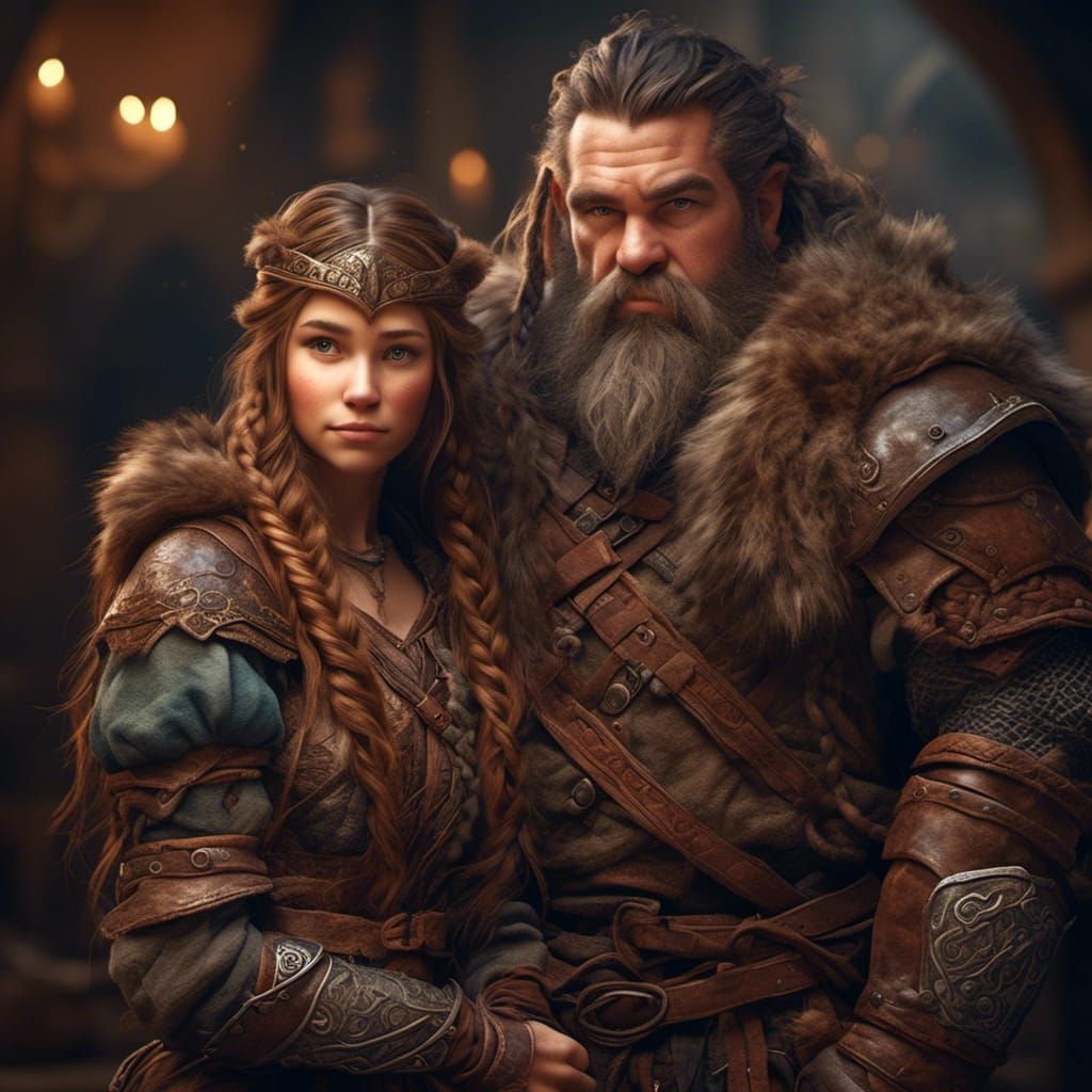 Hyperrealistic Dwarven Couple in Medieval Hall