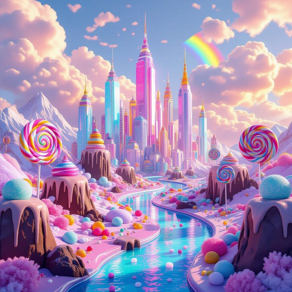 Vibrant Candy Landscape with Sugar Skyscrapers and Chocolate...