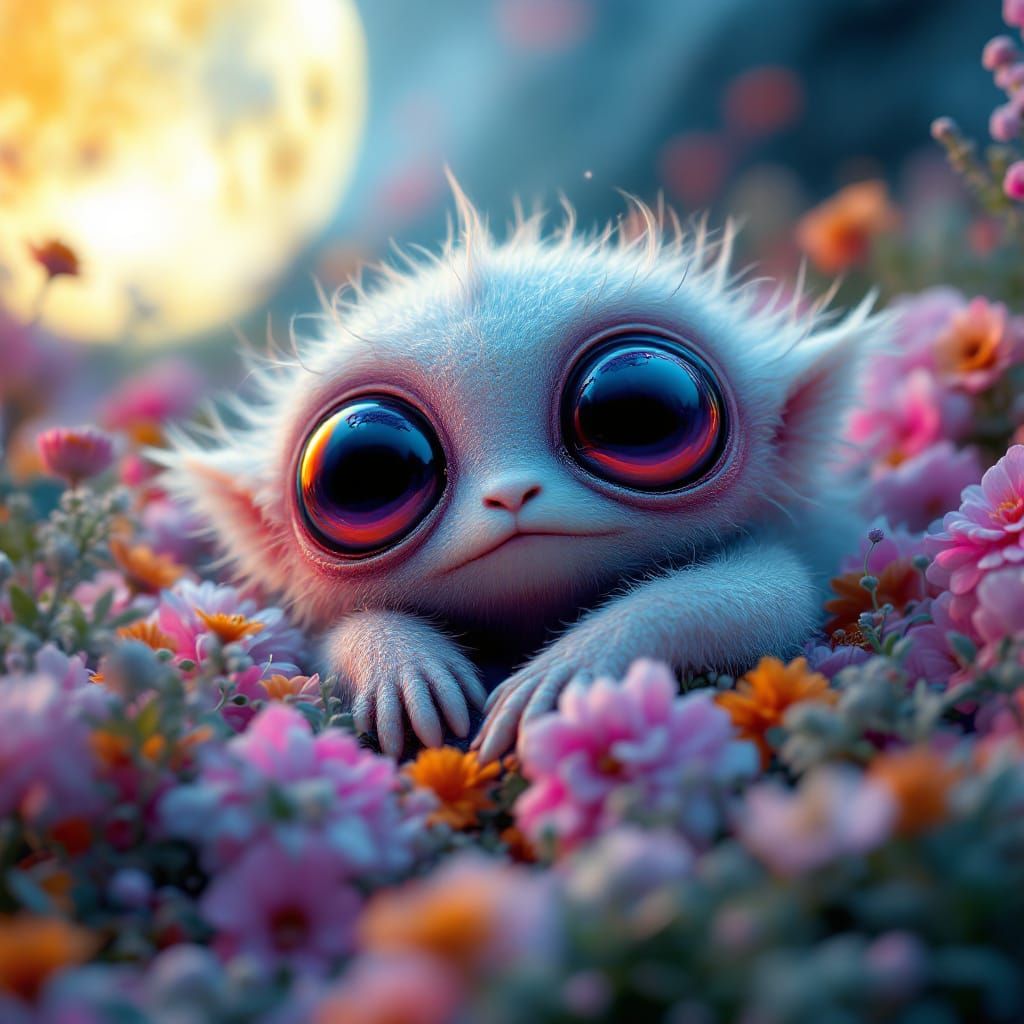 Fluffy Alien Creature Sleeps on Glowing Flora in Surreal Sty...