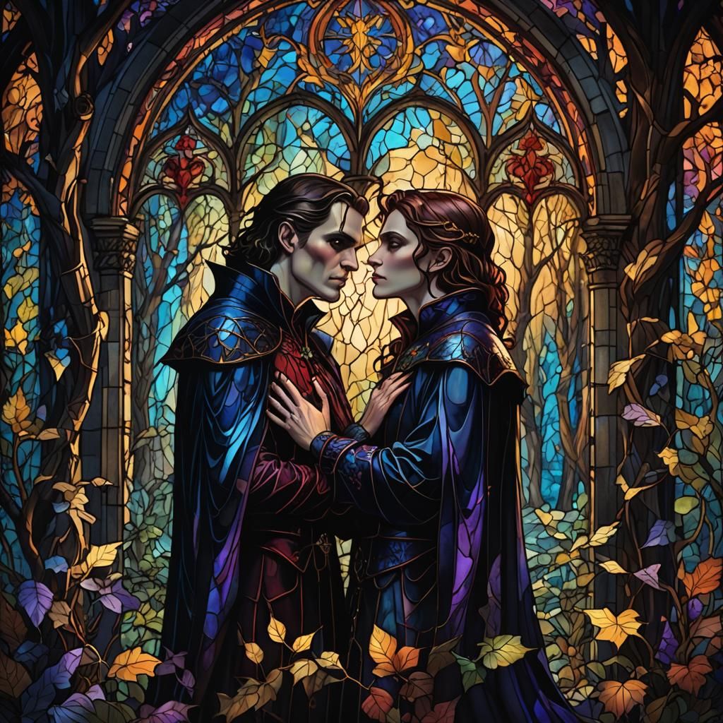 Vampire Kiss in Mystical Forest: Stained Glass Style