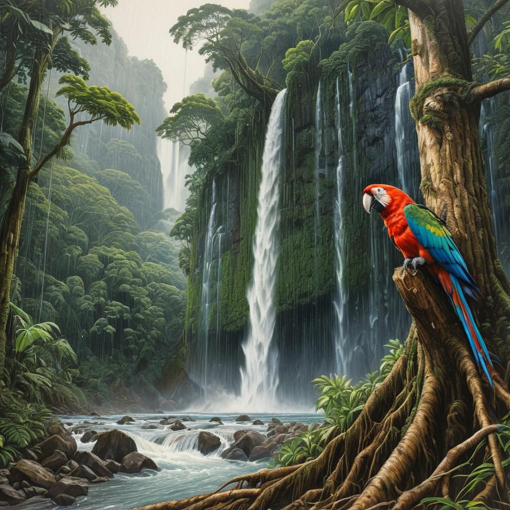 Colorful Macaw in Rainforest Watercolor Art