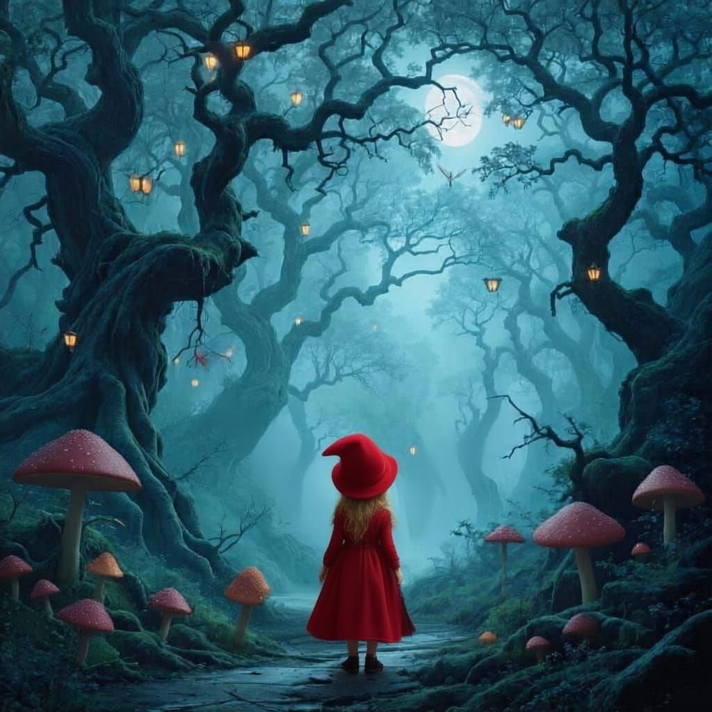 Mysterious Figure in Foggy Ancient Forest