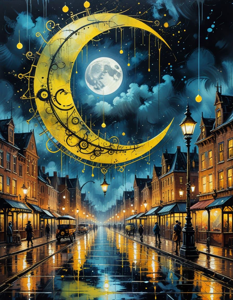 Steampunk Moon Over Night Cityscape
