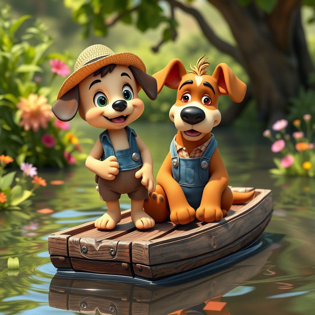 Puppy Huck and Jim's River Adventure: Whimsical 3D Cartoon