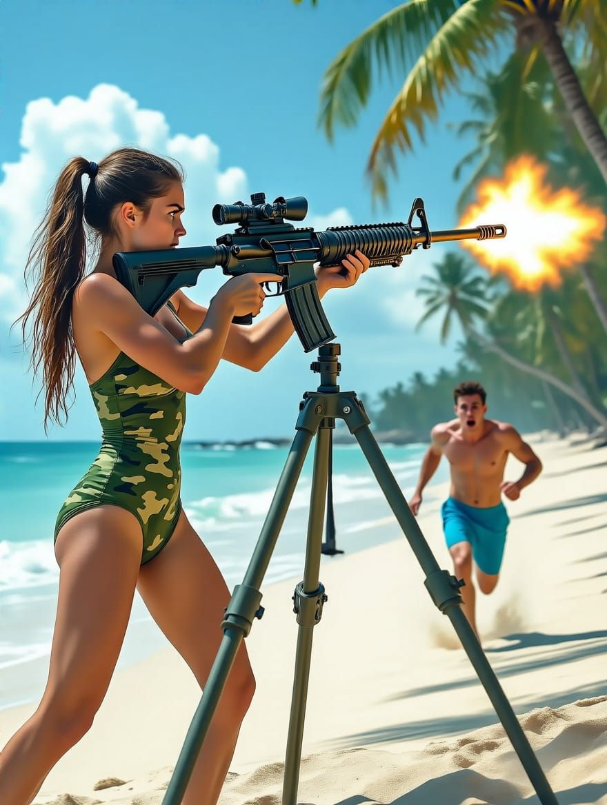 Young Woman Fights with Machine Gun on Tropical Beach in Cyb...