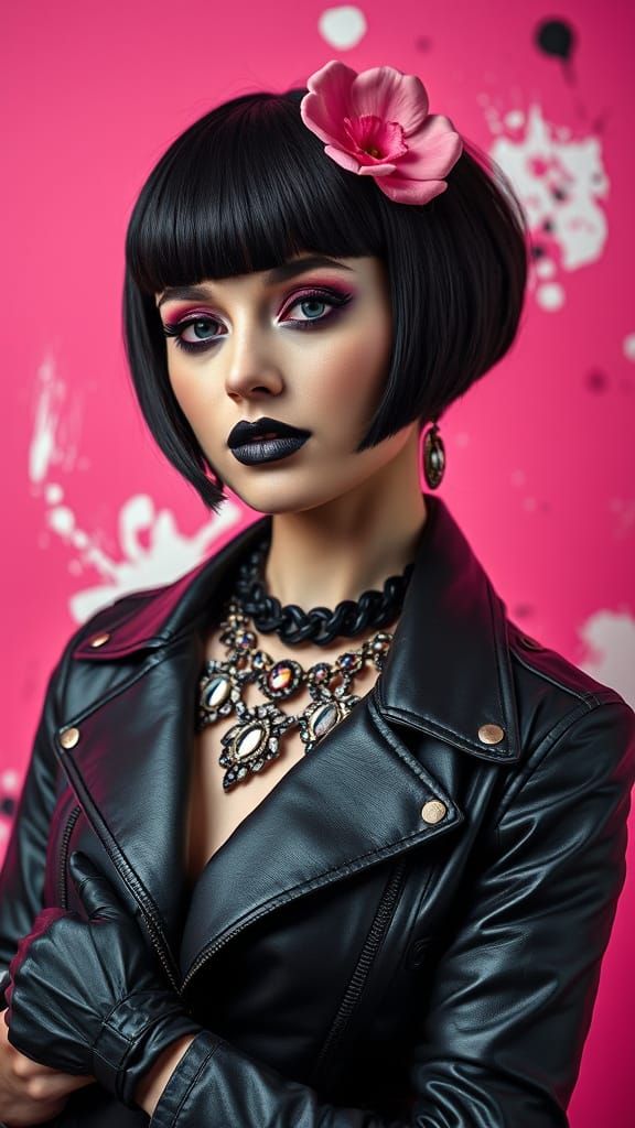 Edgy Woman with Pink Flower in Art Nouveau Style