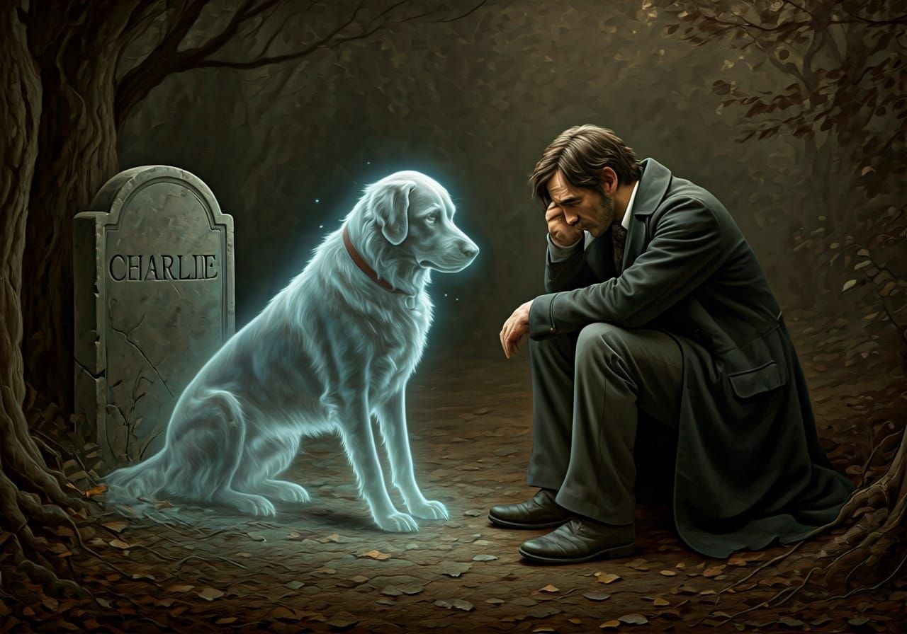 Melancholy Man and Ghost Dog in Victorian Style