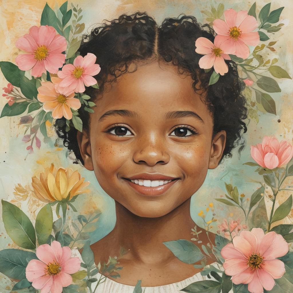 Smiling Girl Portrait in Expressionist Mixed Media