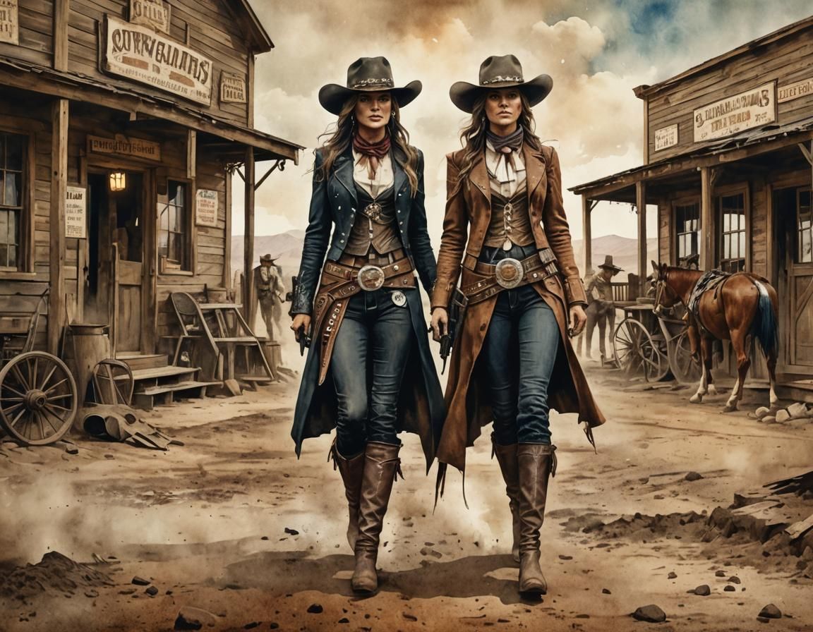 Cowgirl Outlaws in Wild West Saloon: Antique Watercolor