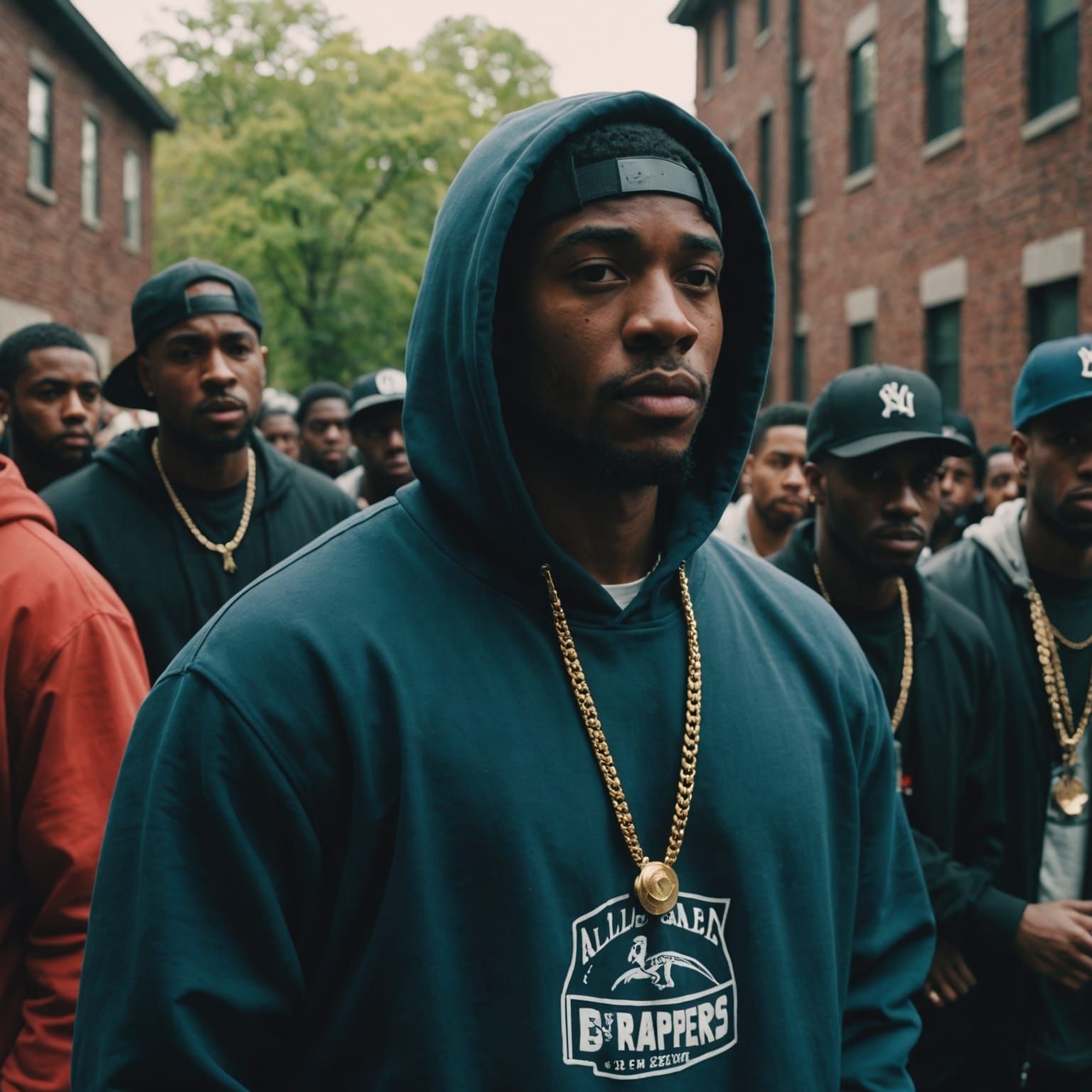 Cinematic Film Still of Rappers in Urban Setting