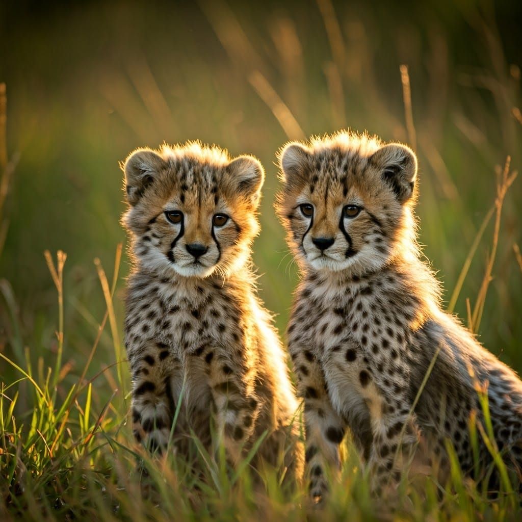 Cinematic Portrait of Two Young Cheetah Cubs in Golden Hour