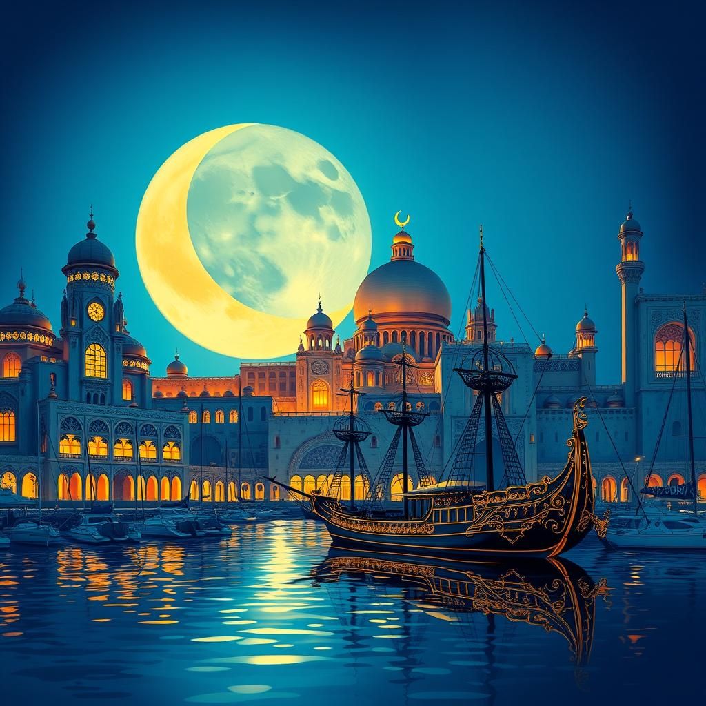 Moonlit Arabian Harbor in Surrealist Style