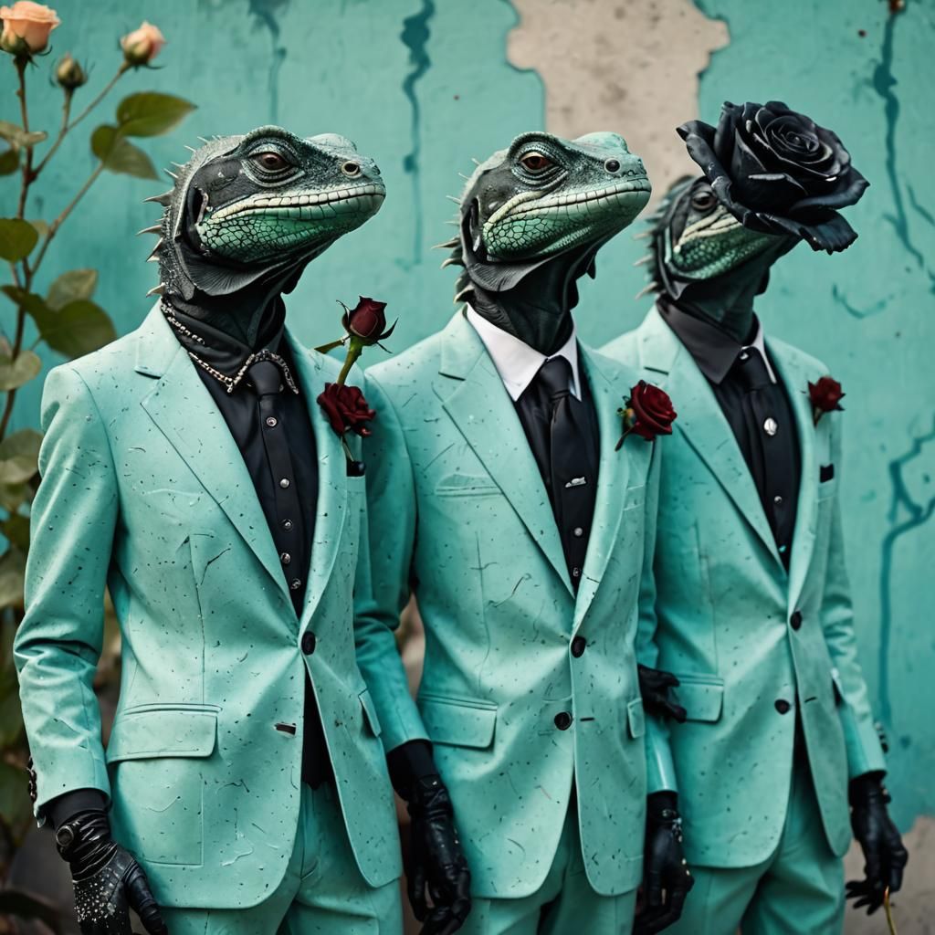 Lizards in Chanel Suits with Black Roses