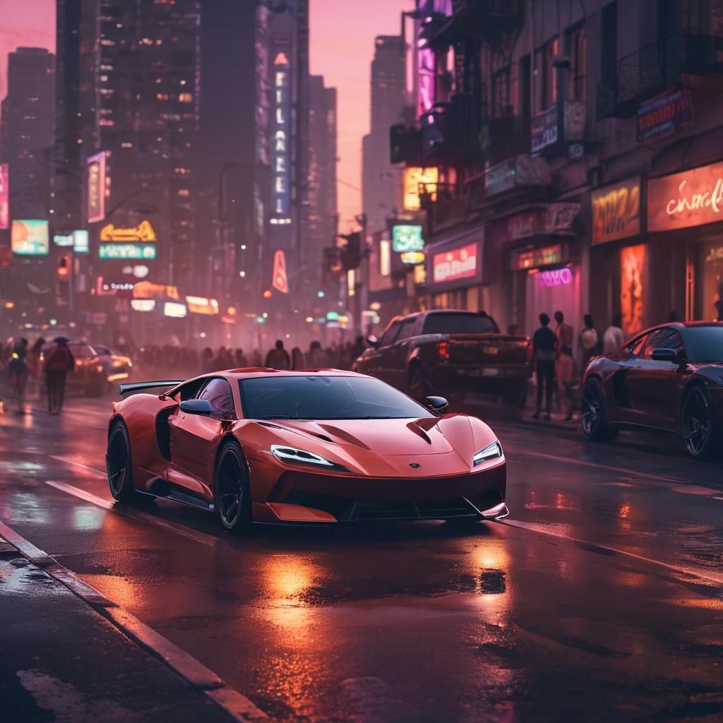 Cyberpunk Sports Car Cruises Neon LA at Sunset