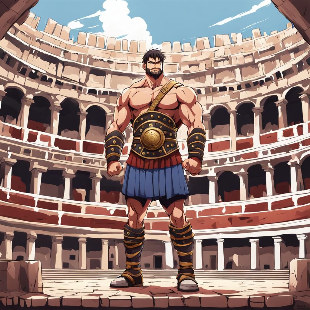 Muscular Gladiator in Roman Coliseum, Anime Style
