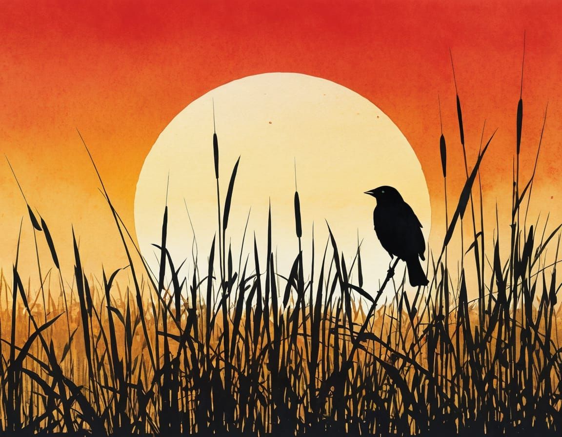 Red-Winged Blackbird Silhouette in Watercolour Style