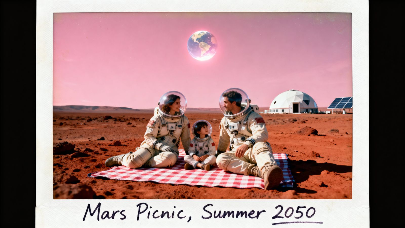 Family Picnic on Mars in Vintage Polaroid Style