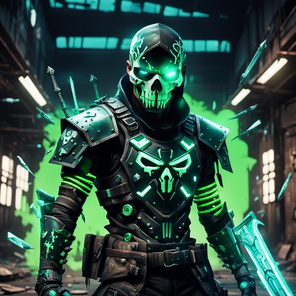 Graffitipunk Assassin in Cyberpunk Cityscape Concept Art