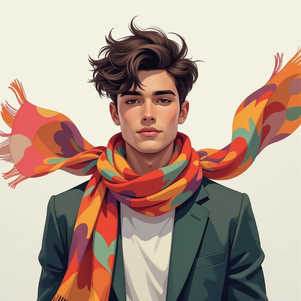 Man with Flowing Scarf in Expressive Art Style