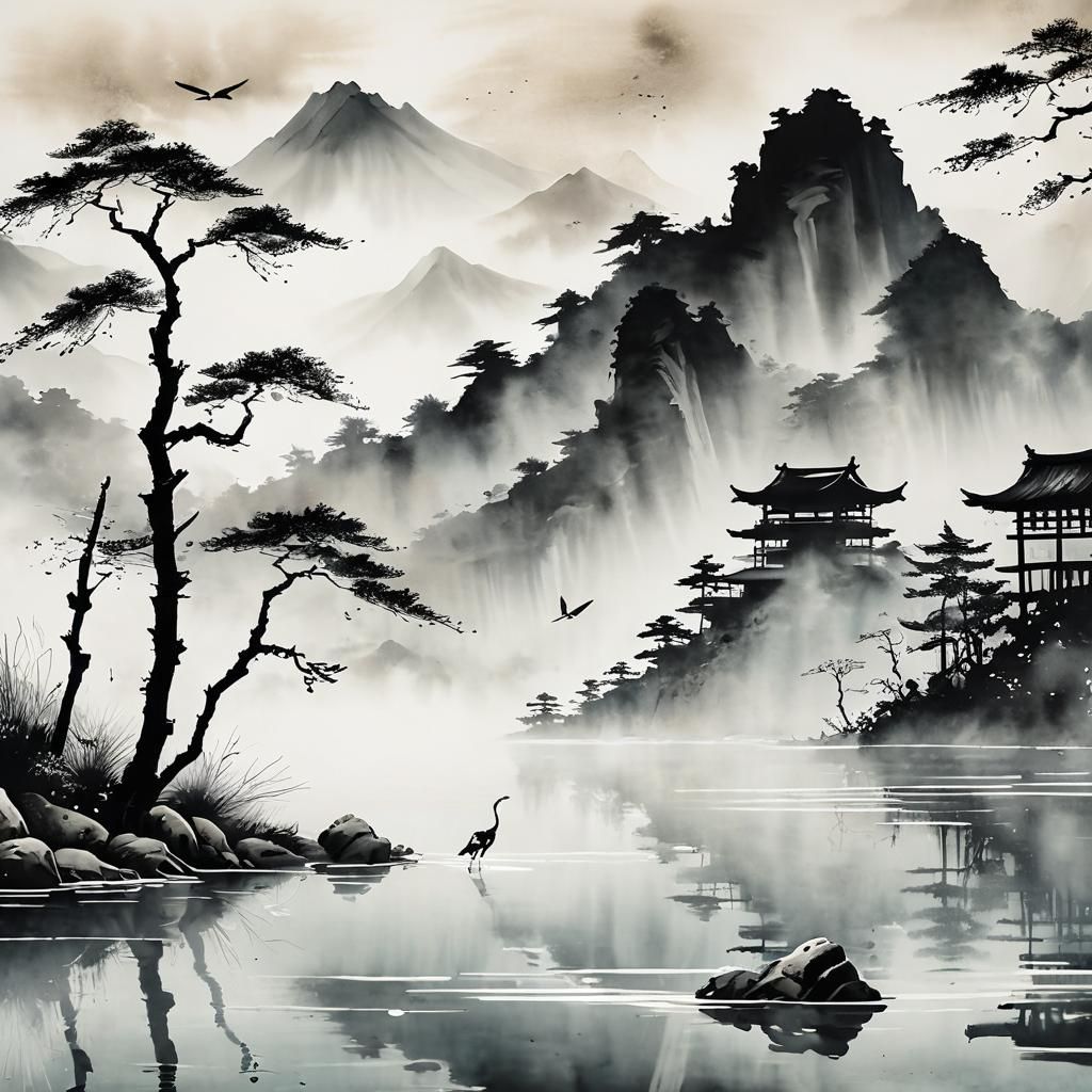 Japanese Sumi-e Painting: Crane at Mountain Lake