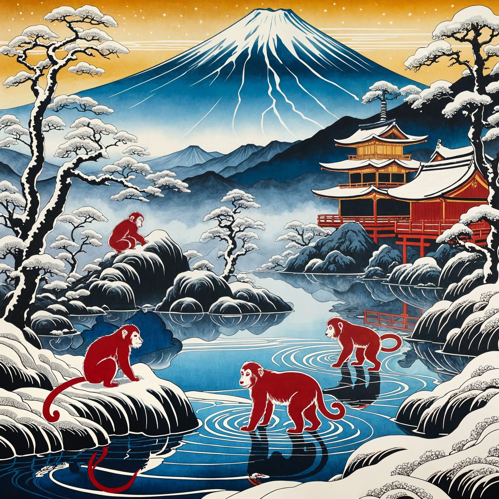 Japanese Snow Monkeys in Hot Springs: Ukiyo-e Pop Art