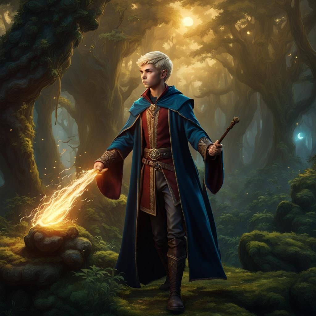 Young Half-Elf Wizard Casting Spell, Fantasy Art