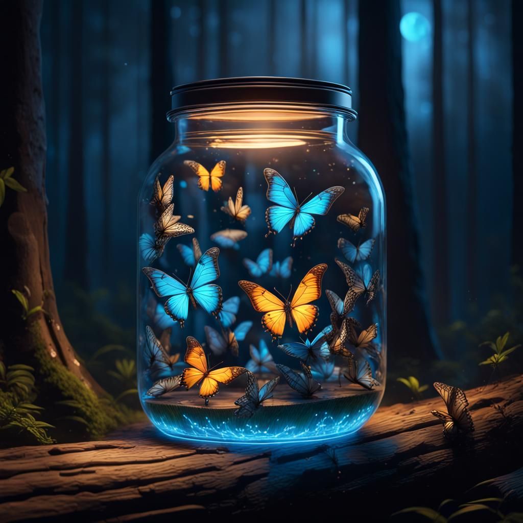 Glowing butterflies  inside a Jar night vision
