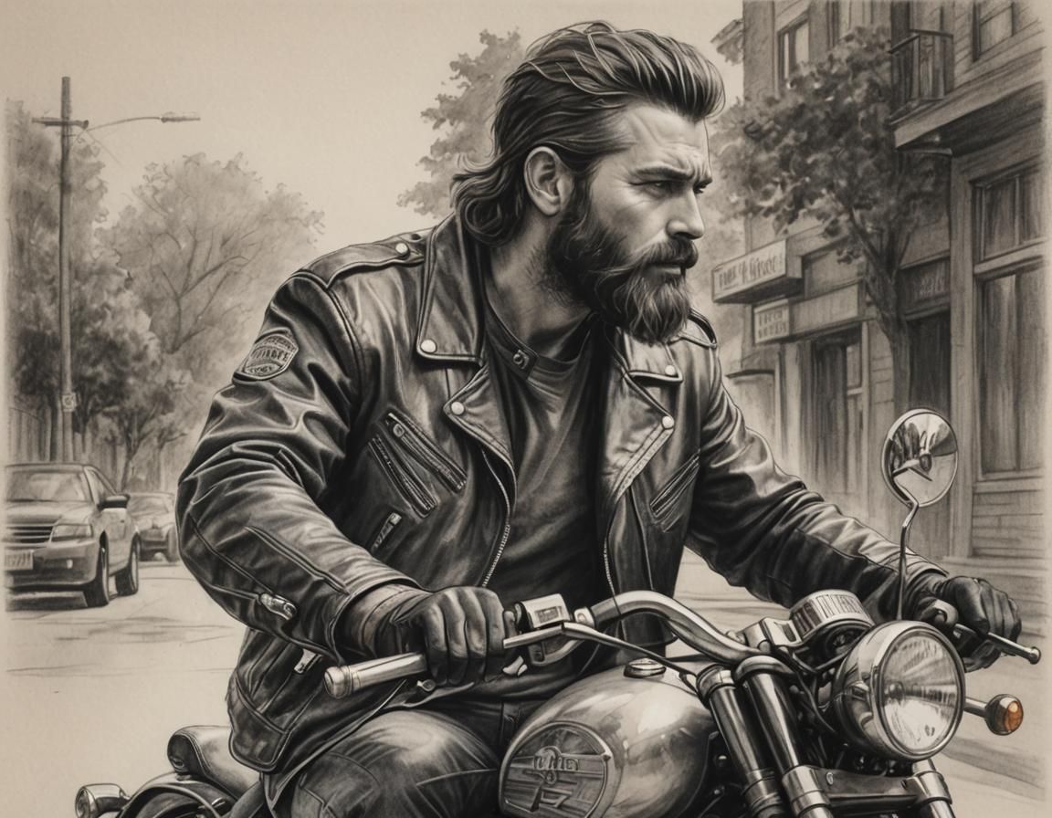 Bearded Man on Motorcycle in Pencil Sketch