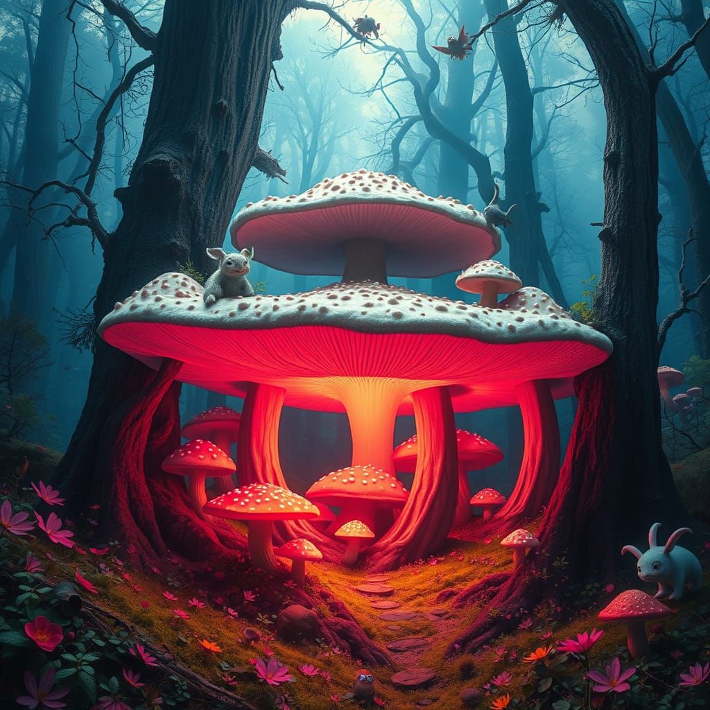 Surrealist Mushroom Circle in Enchanted Forest