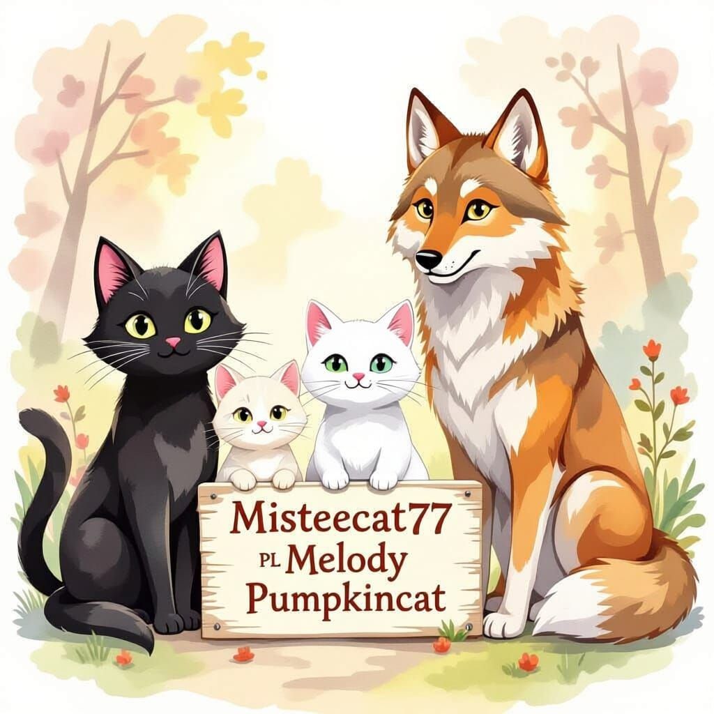 Cats and Wolf with Custom Sign in Children's Watercolor Styl...