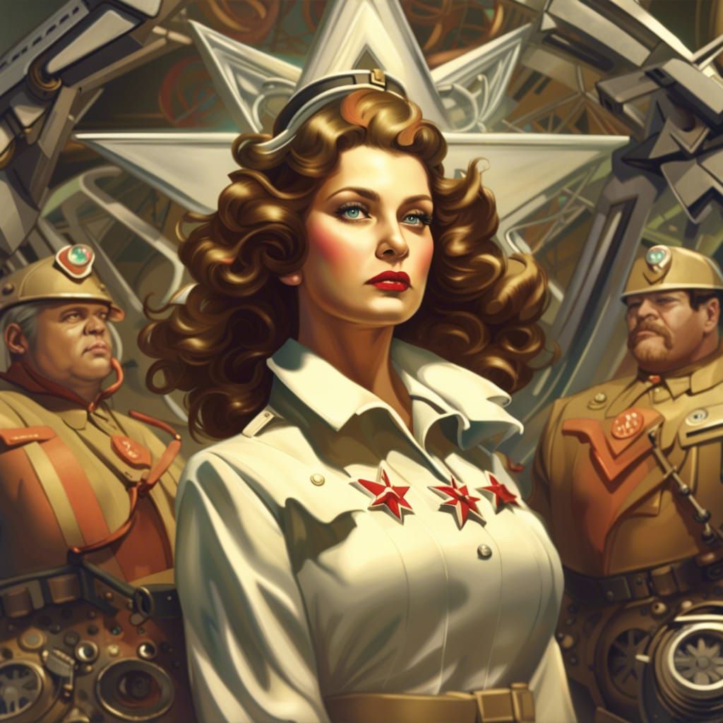 Robots Supervised by WWII Figures: Detailed Matte Painting