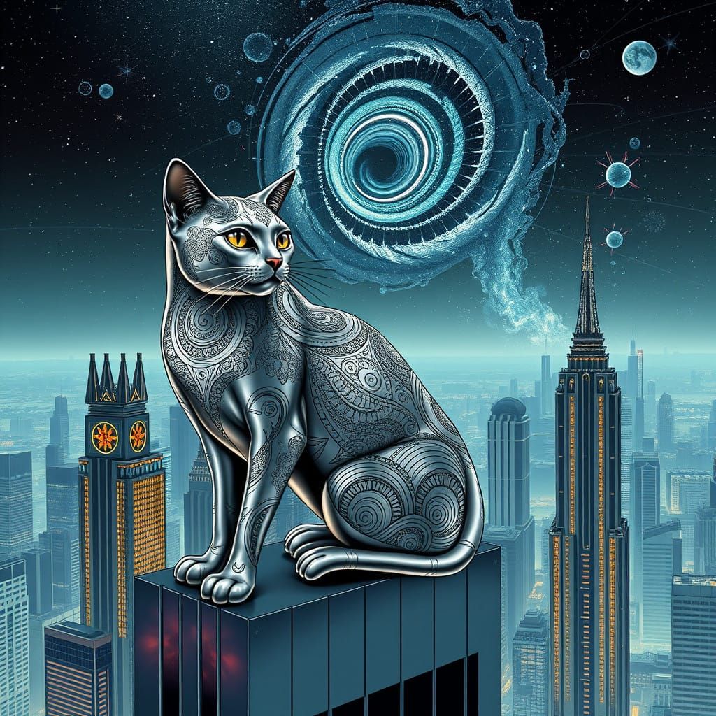 Metallic Cat Dominates Futuristic Metropolis Skyline