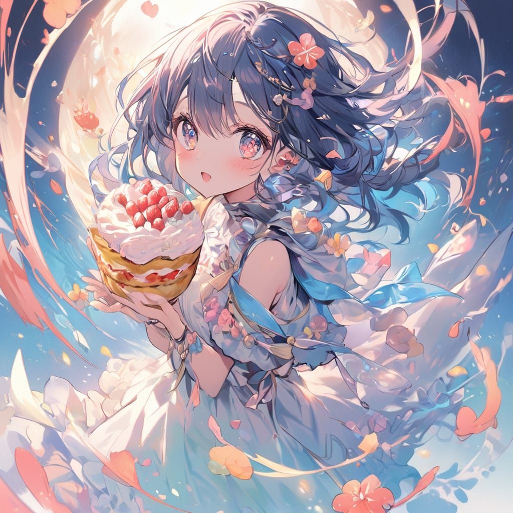 Kawaii Anime Girl with Pastel Hues and Desserts