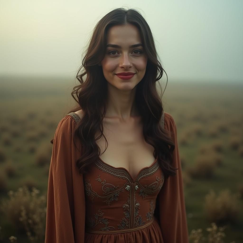 Cinematic Portrait of Woman in Misty Landscape