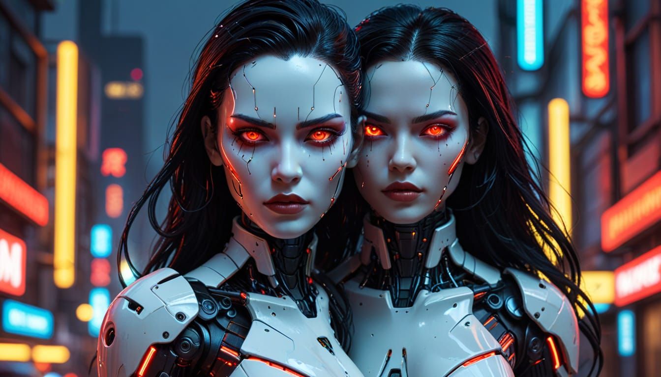 Hyperrealistic Female Cyborg in Cyberpunk Cityscape