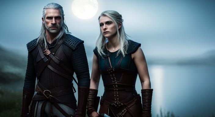 Geralt and Ciri by Misty Lake in Moonlight