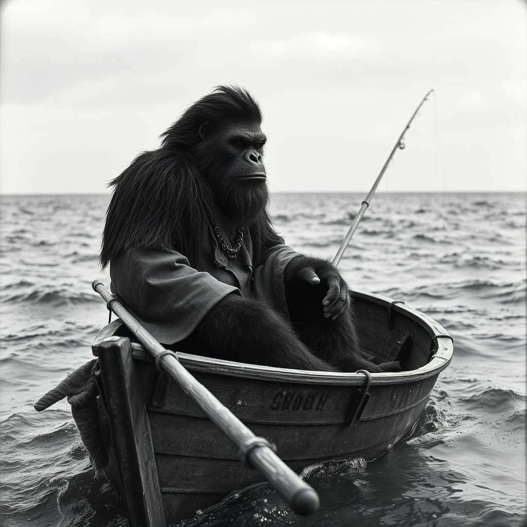 Majestic Bigfoot in Vintage Rowboat: Dramatic Black-and-Whit...