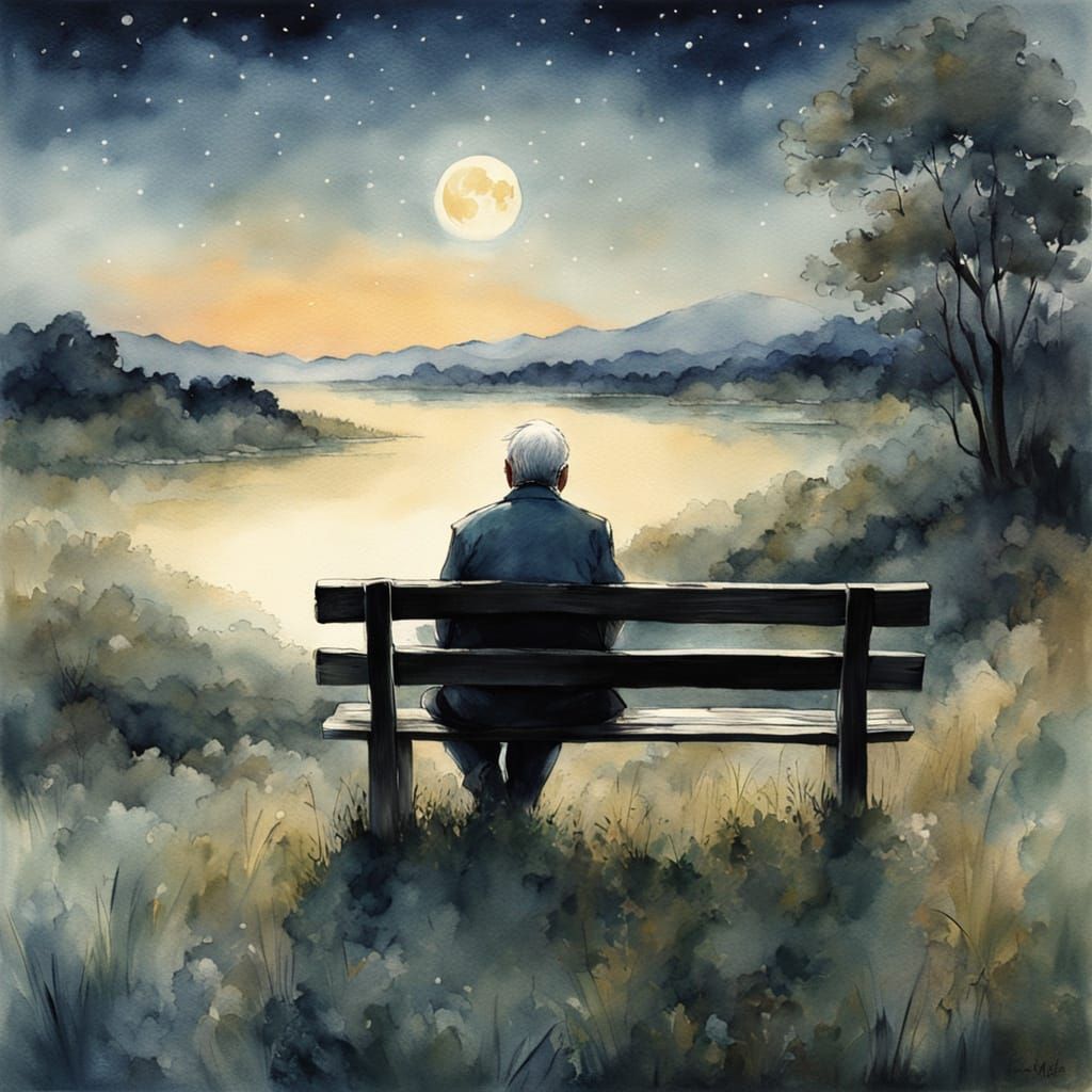 Dreamy Watercolor of an Old Man in a Nocturnal Landscape