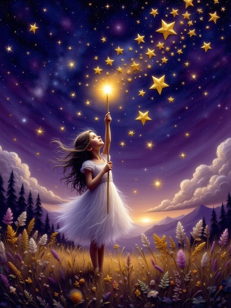 Surreal Impasto Nighttime Scene with Magical Girl